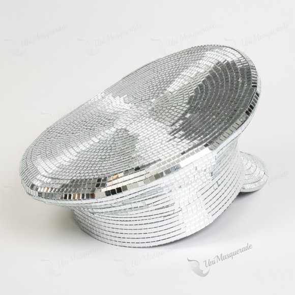 Silver Military Captain Cap w/ Shiny Disco Ball Mirrors Disco Rave Party TopHat - Picture 2 of 2